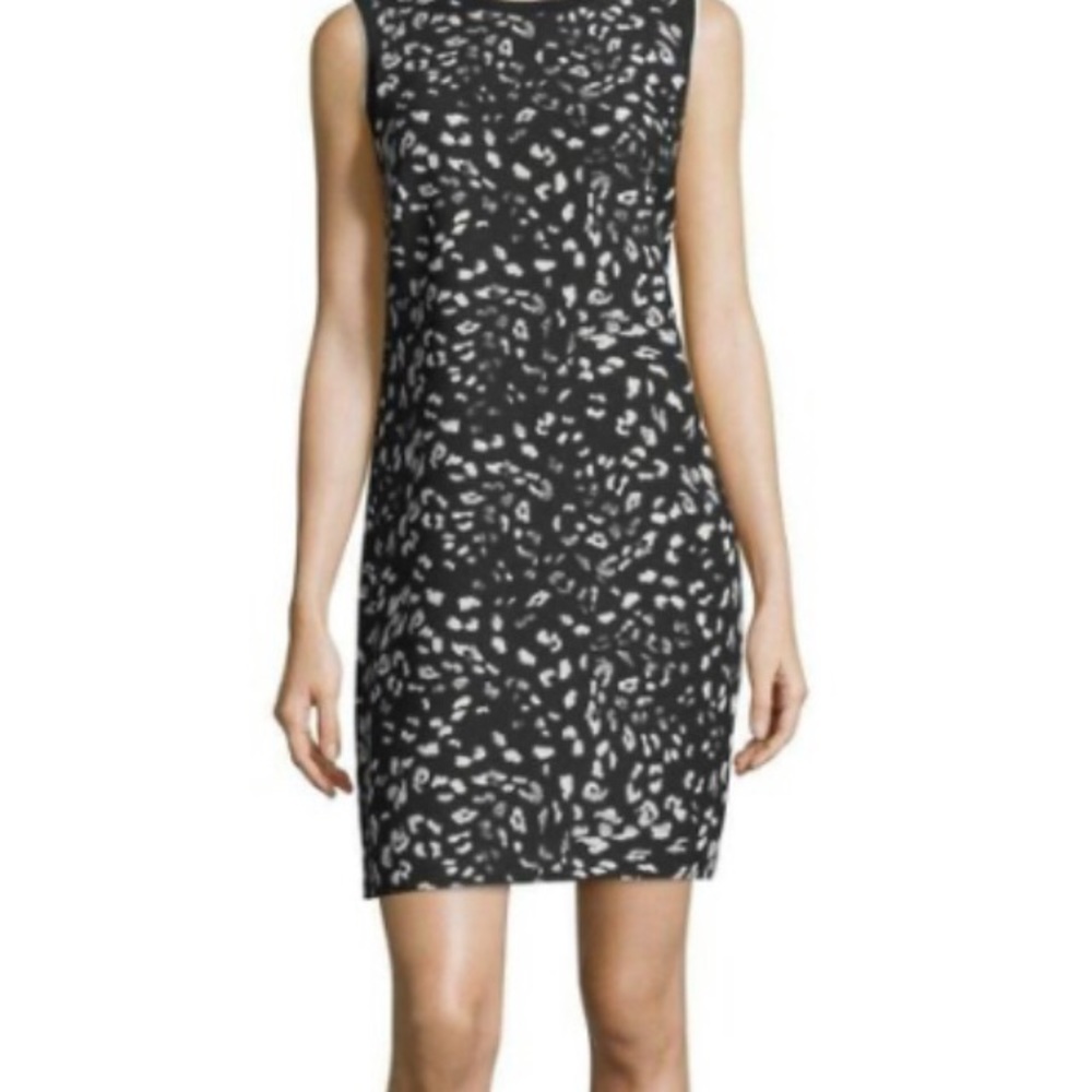VINCE CAMUTO WHISPERS ANIMAL PRINT SHIFT DRESS. Lined. Black/white/grey. Size 4.